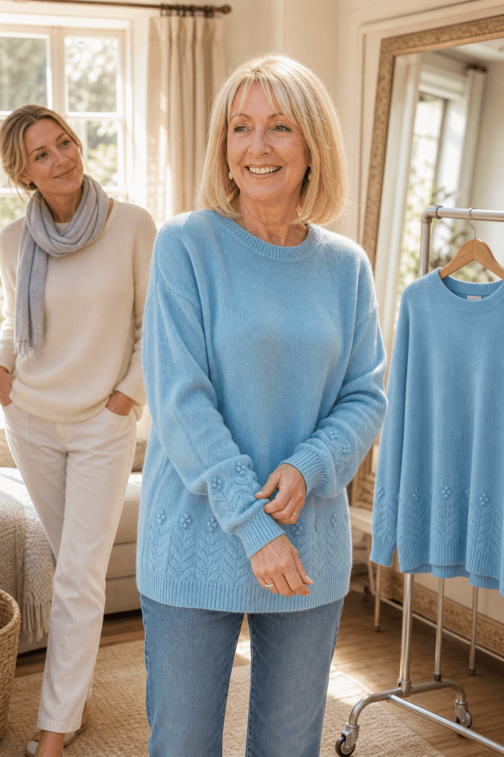 Zopfmuster Rundhals Strickpullover mit Blumendetails am Saum