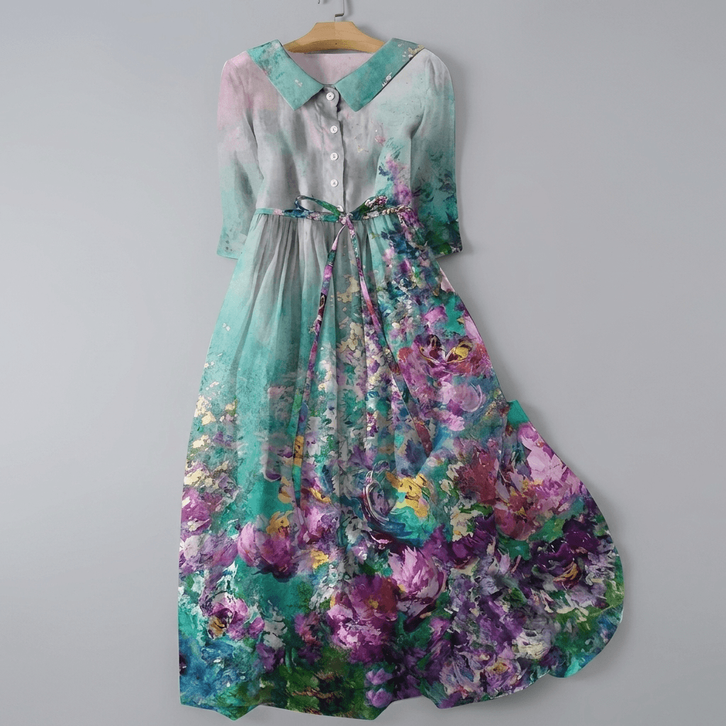 Blumiges Maxikleid mit Hemdkragen und 3/4-Arm für den Herbst