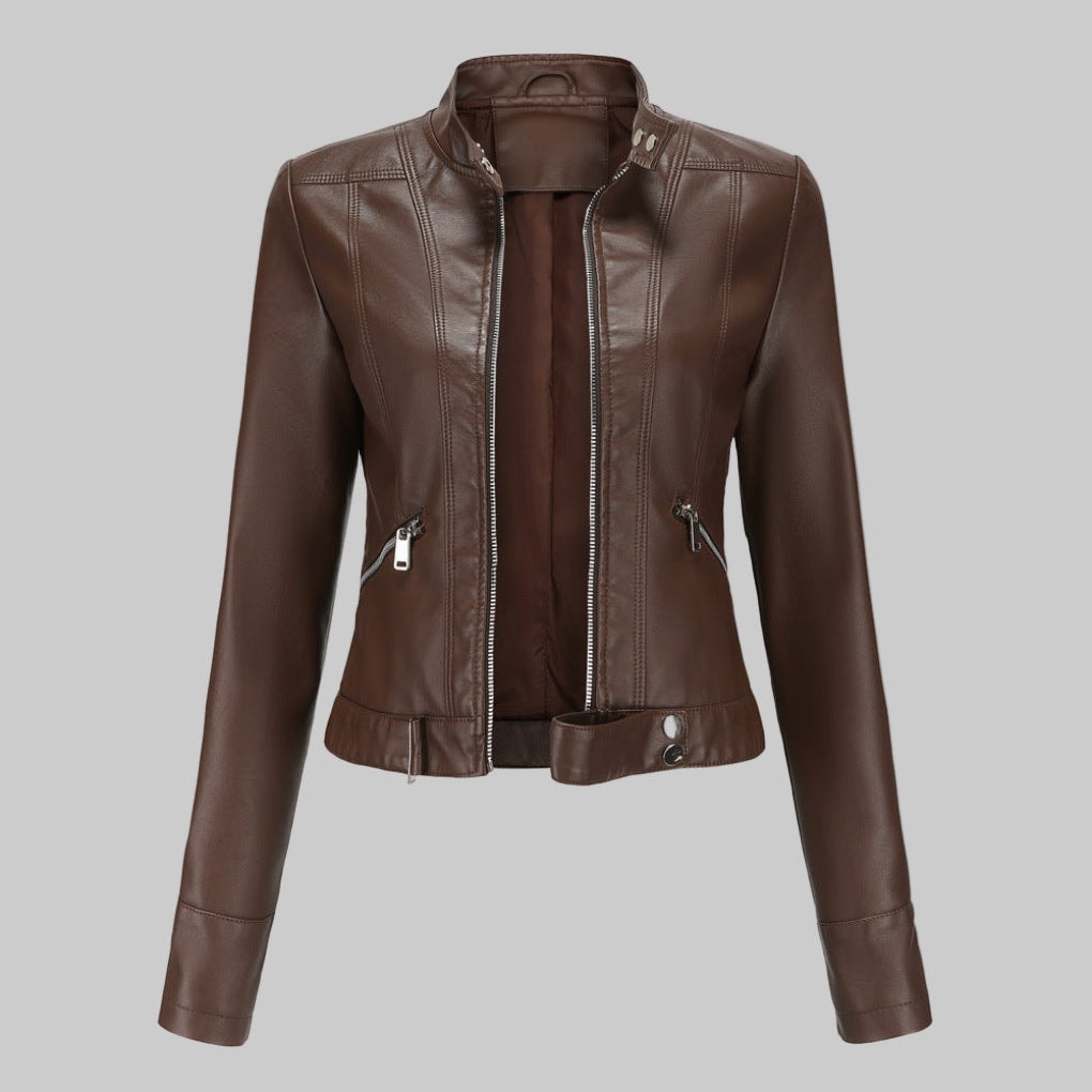 Kunstleder-Bikerjacke mit Stehkragen und durchgehendem Reissverschluss für Damen