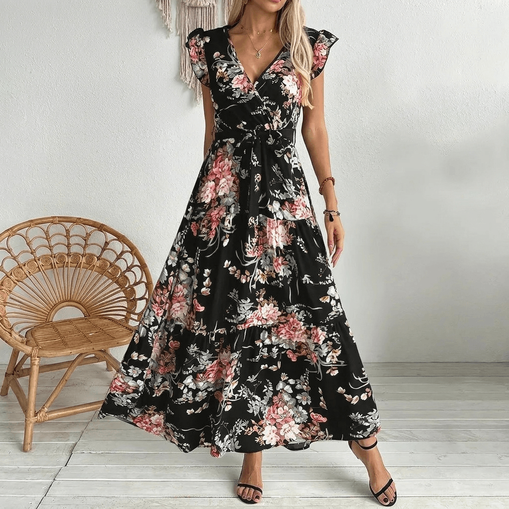 Geblümtes Wickel-Maxikleid mit Rüschenärmeln für den Herbst
