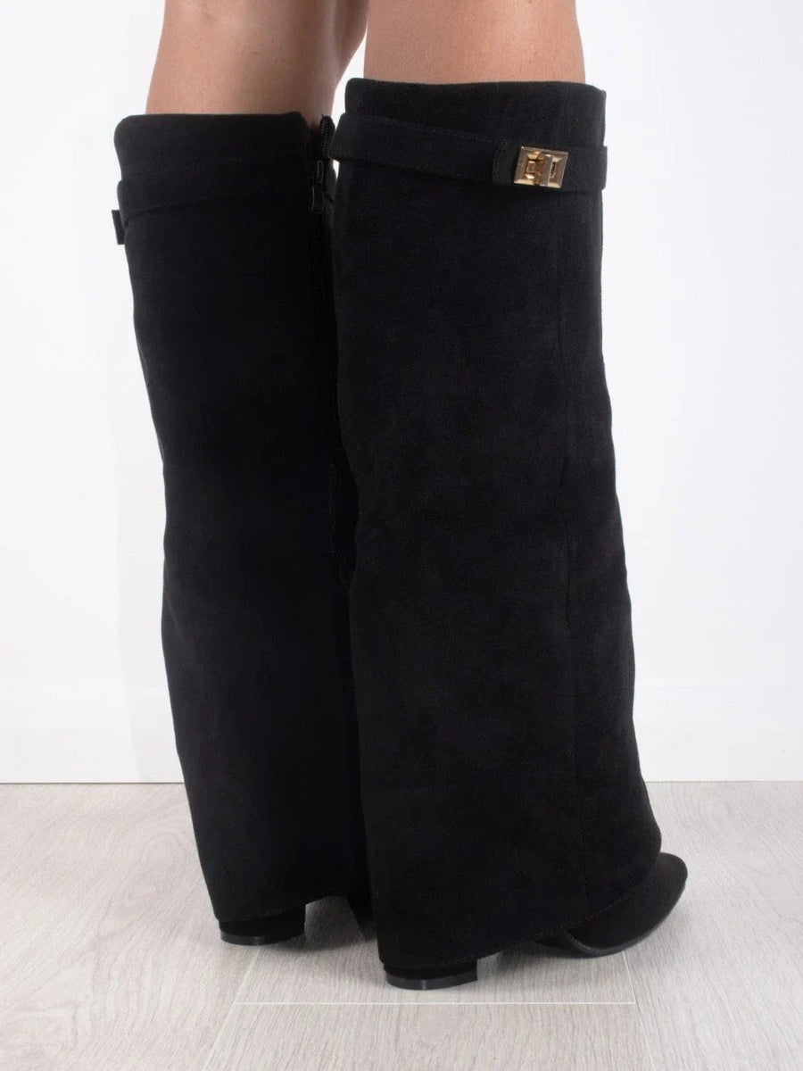Damen Winterstiefel aus Wildleder mit Umschlag-Schaft und Blockabsatz