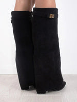 Damen Winterstiefel aus Wildleder mit Umschlag-Schaft und Blockabsatz
