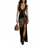 Ärmelloses Maxikleid mit Paisley Print und Beinschlitz für den Herbst