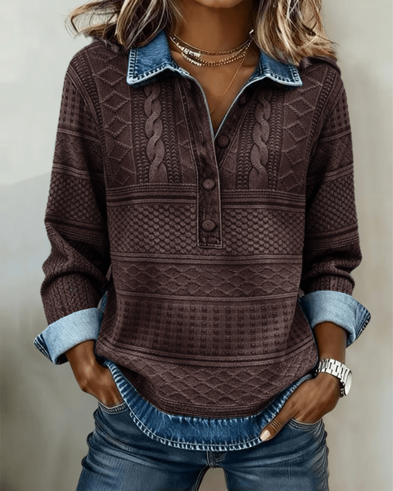 Melkorka Strukturiertes Langarmshirt mit Jeans-Optik-Kragen