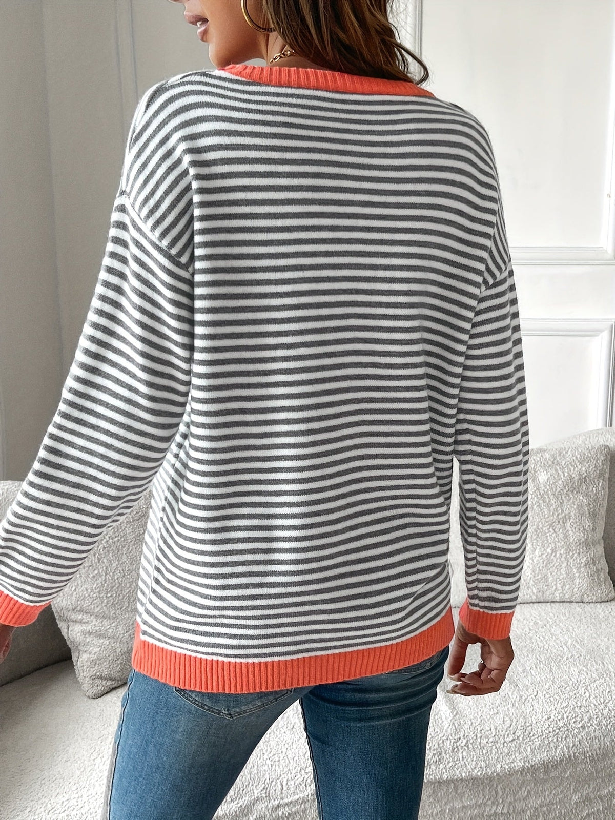 Diane Gestreifter Damenwollpullover mit Kontrastdetails in Strickoptik