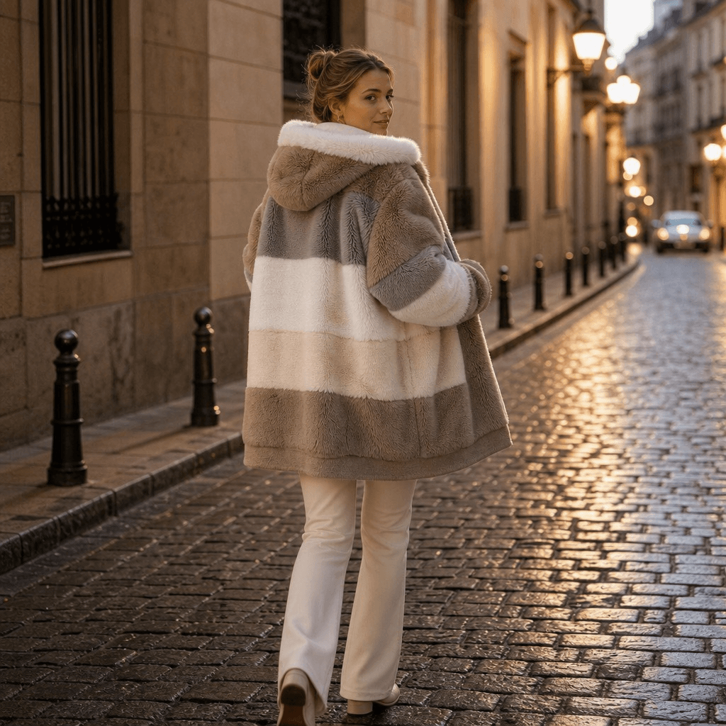Damen Colorblock Kunstfell Jacke Oversized mit Kapuze
