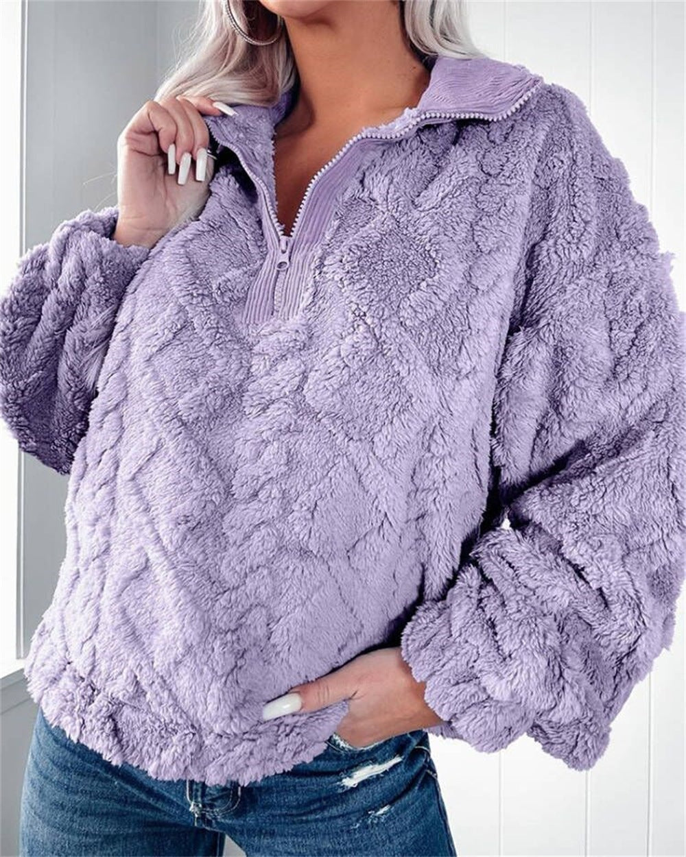 Damen Fleece-Pullover mit Stehkragen und Struktur-Optik