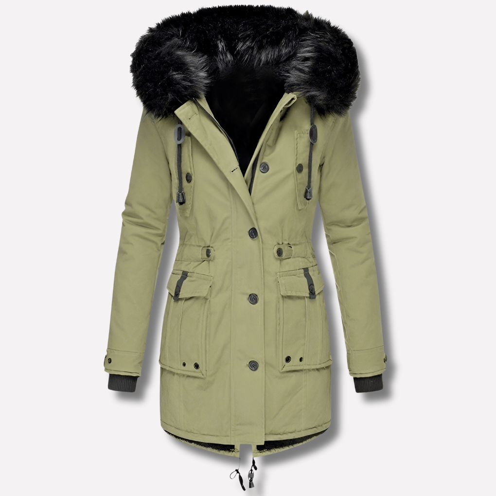 Warme Damen-Winterjacke aus Baumwollmischgewebe mit Kapuze und Klapptaschen