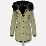 Warme Damen-Winterjacke aus Baumwollmischgewebe mit Kapuze und Klapptaschen