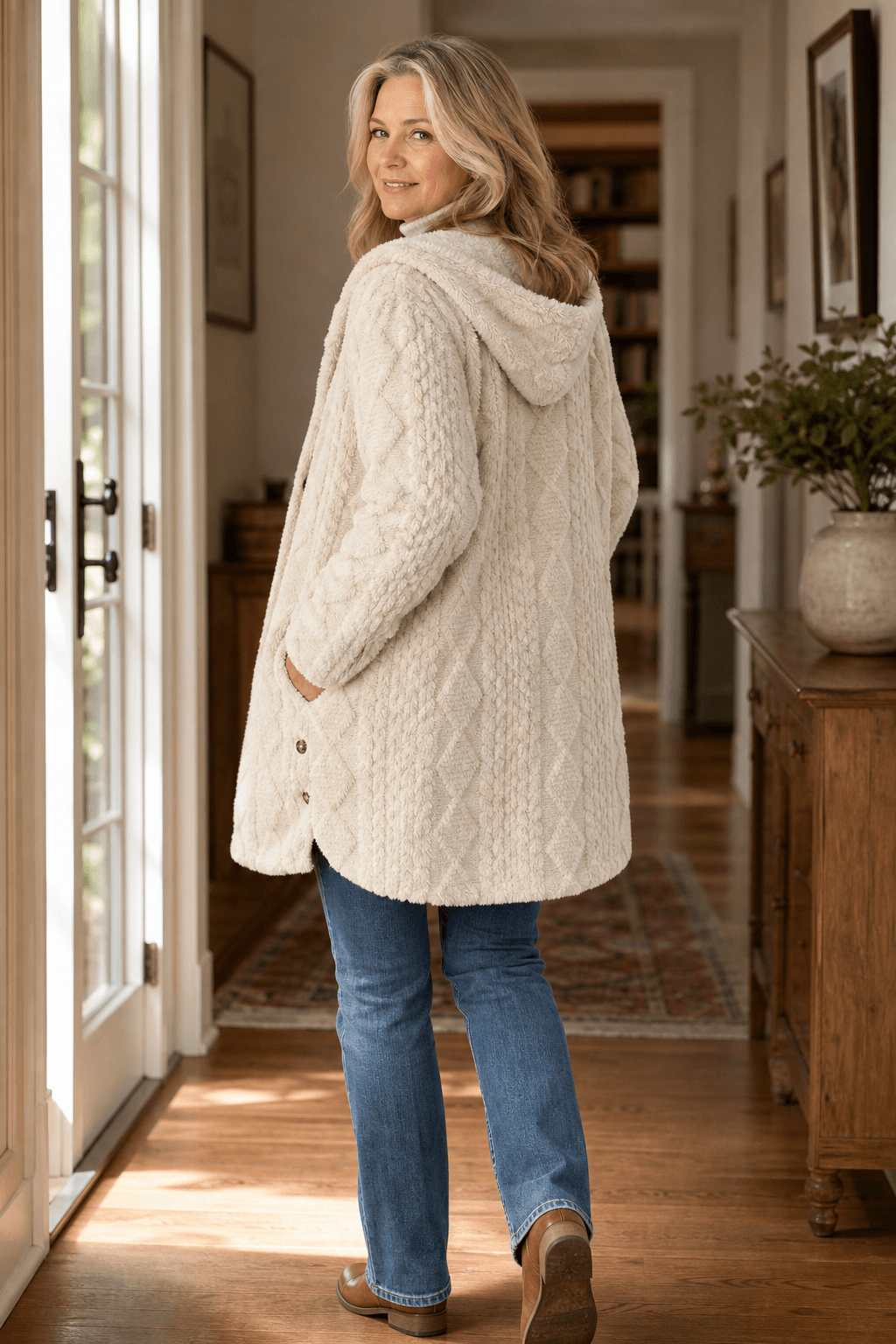 Damen Strickstruktur Longline Mantel mit Kapuze