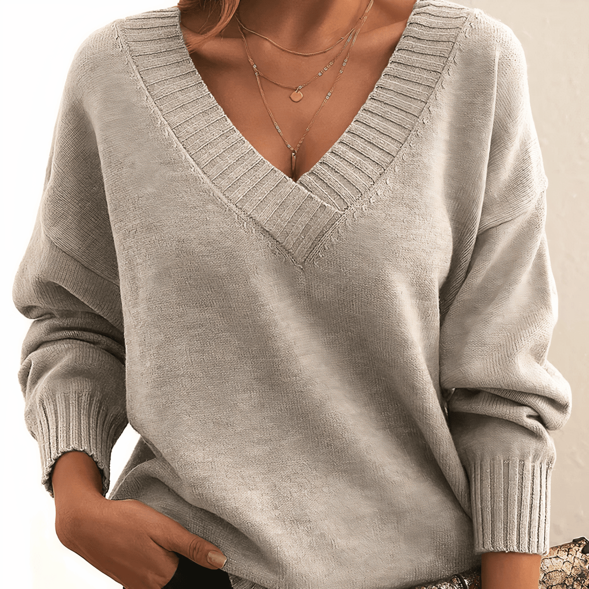 Solveig Kaschmir-Damenpullover mit V-Ausschnitt und langen Ärmeln