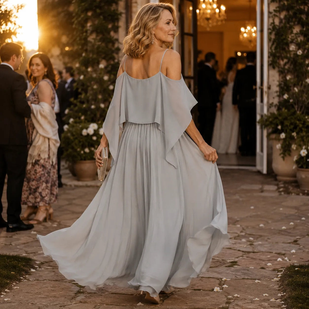 Kaltschulter Maxikleid mit Wickeloptik und Chiffon-Cape für Damen