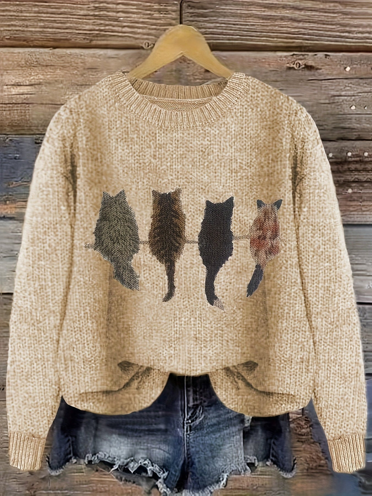 Grobstrick Rundhals Damenpullover mit Katzen-Motiv und Rippbündchen