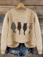 Grobstrick Rundhals Damenpullover mit Katzen-Motiv und Rippbündchen