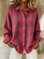 Damen Karierter Strickpullover mit Knopfleiste und Kragen