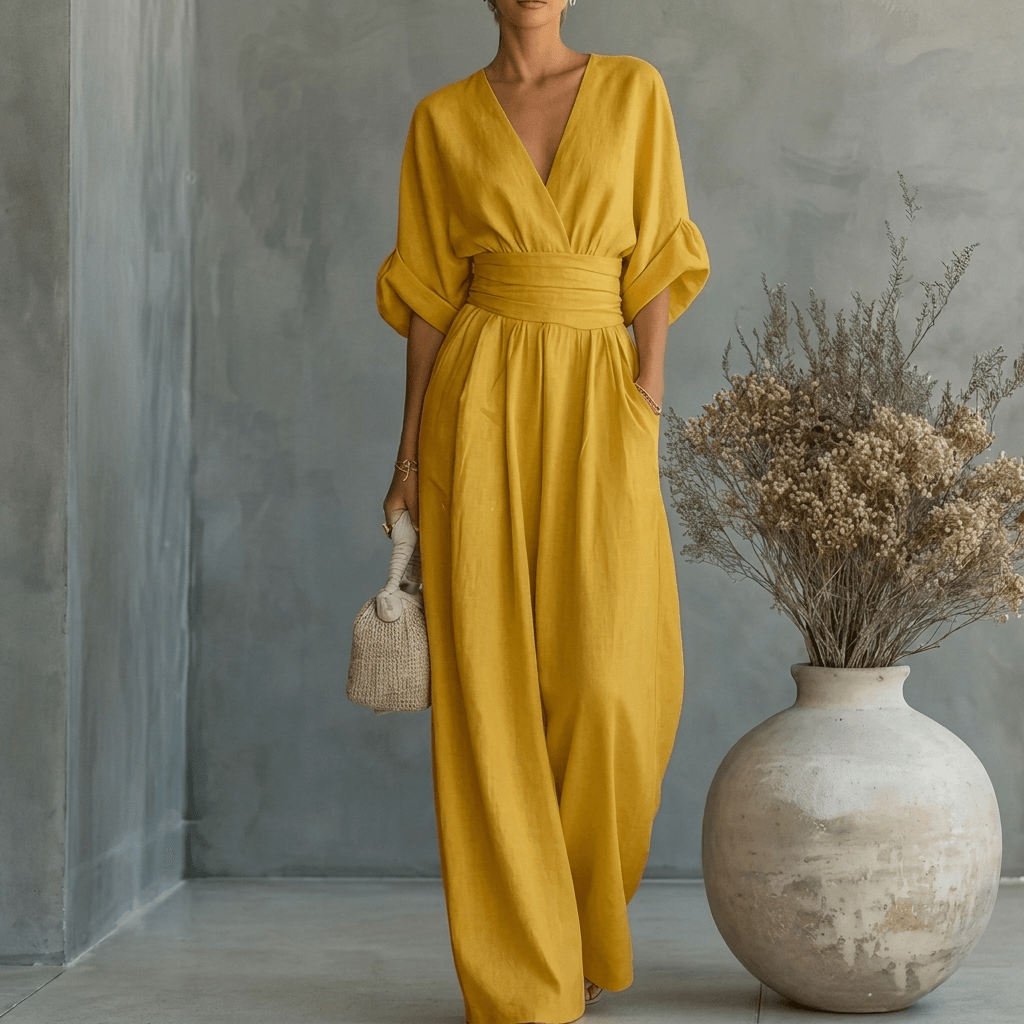 Eleganter Jumpsuit mit V-Ausschnitt und weitem Bein für den Herbst