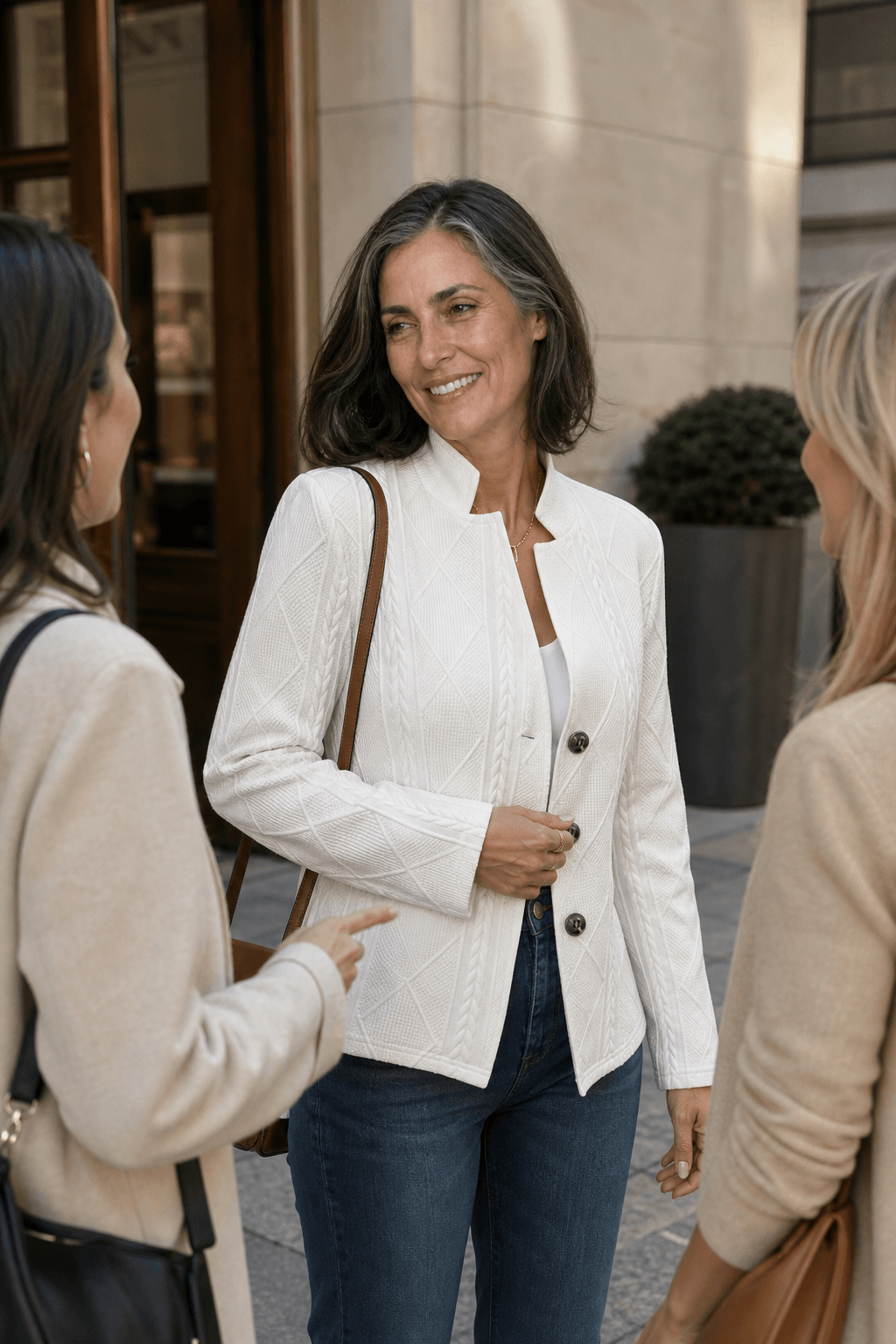 Strukturierter Strick-Blazer für Damen mit Stehkragen und offener Front