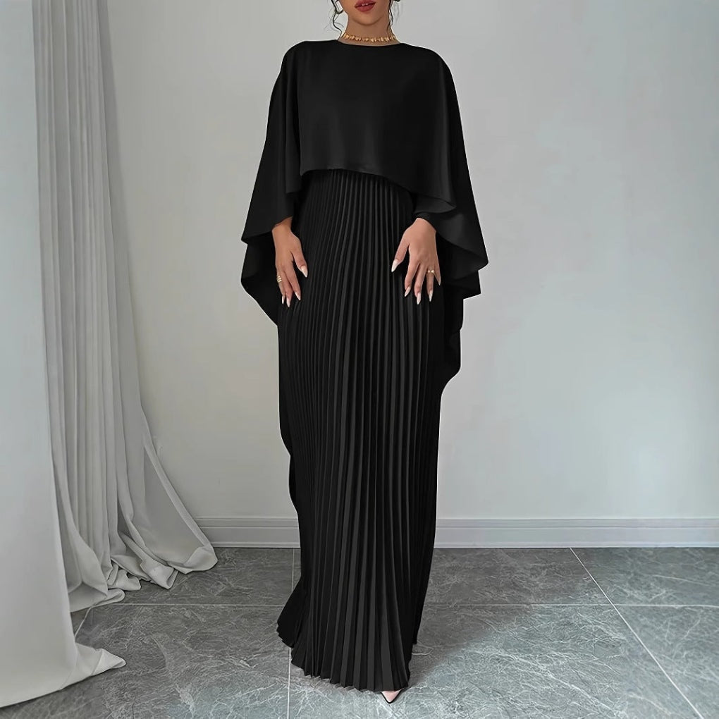 Plissiertes Maxikleid mit Hohem Kragen und Fledermausärmeln für Damen im Herbst