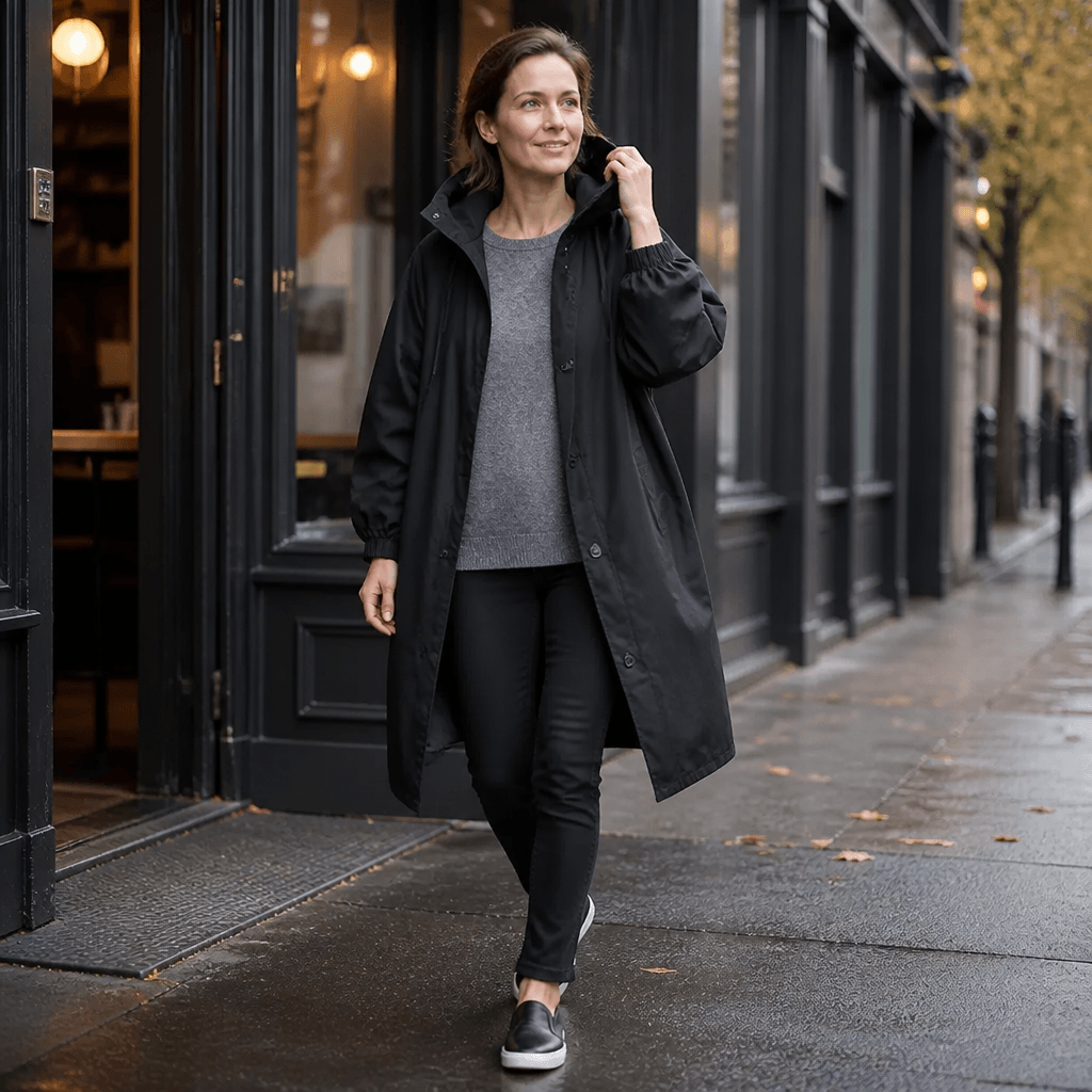 Kapuzen-Midi-Trenchcoat für Damen aus Baumwollmischung mit Kordelzug in der Taille