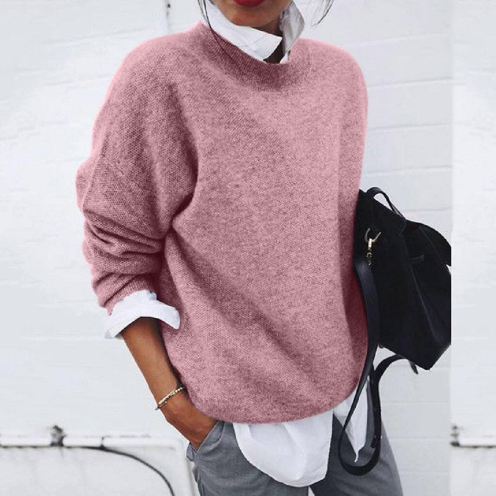 Langer Rundhals Strickpullover für Damen mit lockerer Passform