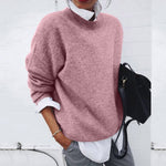 Langer Rundhals Strickpullover für Damen mit lockerer Passform
