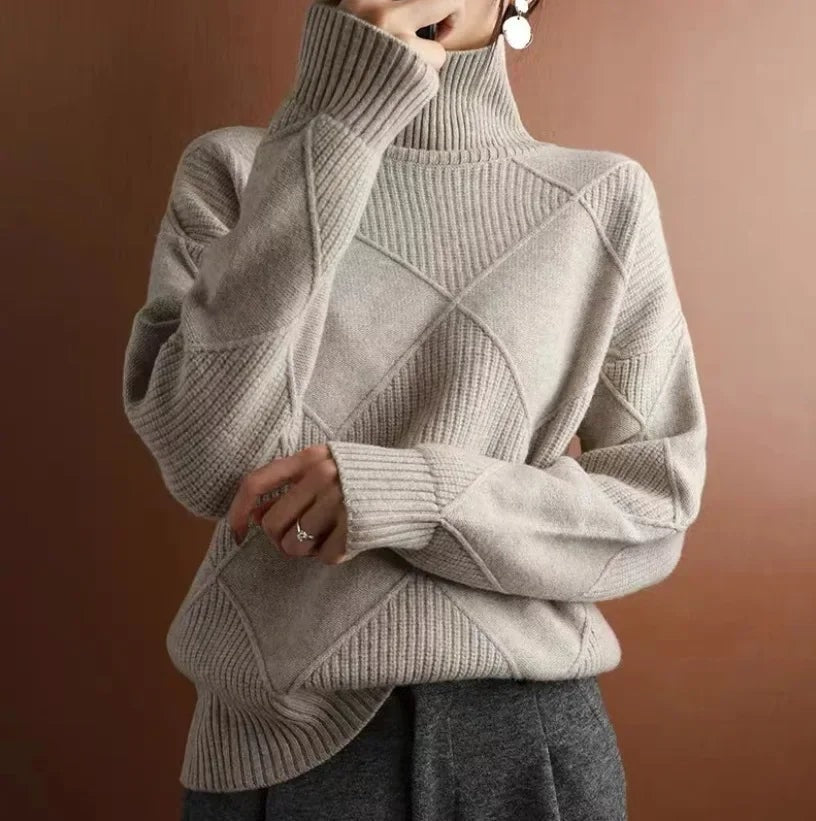 Rollkragenpullover Damen Baumwolle mit Rautenstrickmuster und Taillierter Passform