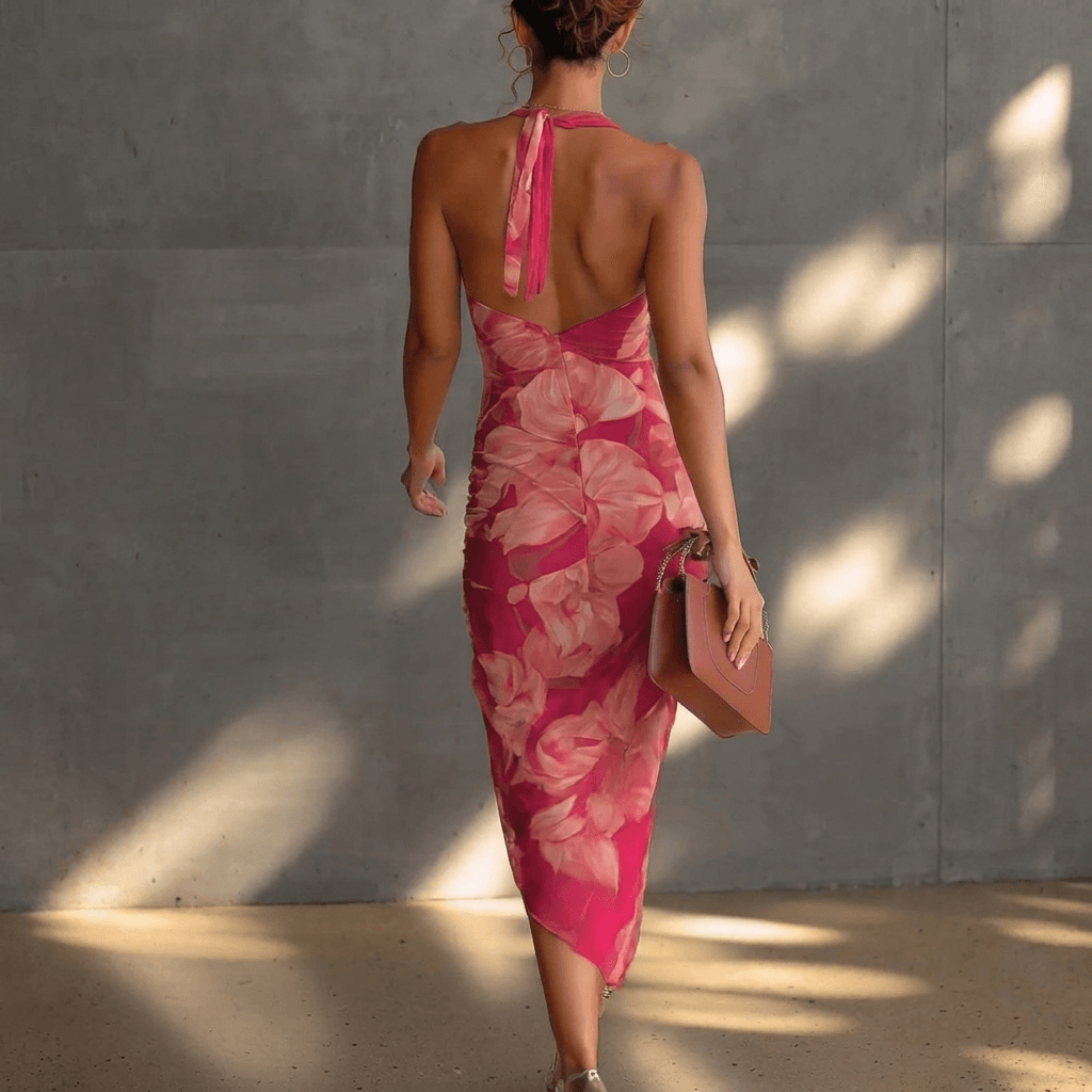 Cowl-Ausschnitt Blumen Midikleid mit Raffung für den Herbst