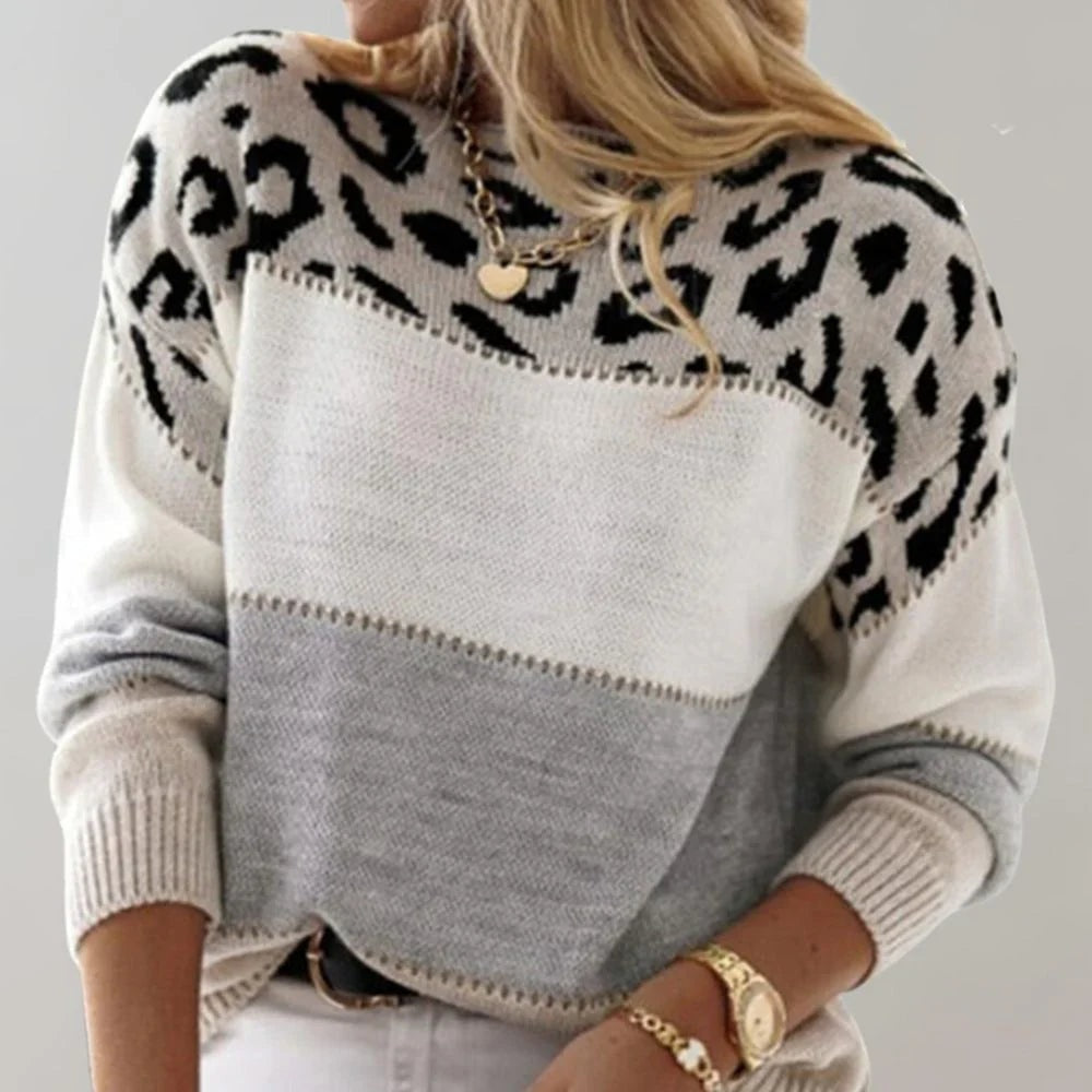 Jasmine Damen Norwegerpullover Strick mit Leopardenmuster und Farbblock-Design