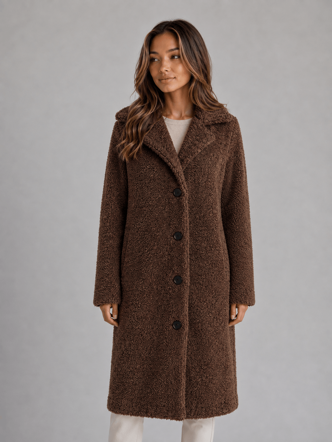 Langer Teddy-Fleece Mantel mit Knopfleiste und Kragen