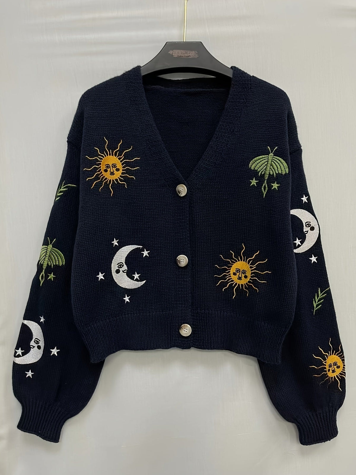 Bestickte Strickjacke Damen mit Sonne Mond Sterne Motiven