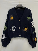 Bestickte Strickjacke Damen mit Sonne Mond Sterne Motiven