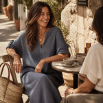 Gestreiftes Boho V-Ausschnitt Maxikleid mit Taschen und Langarm