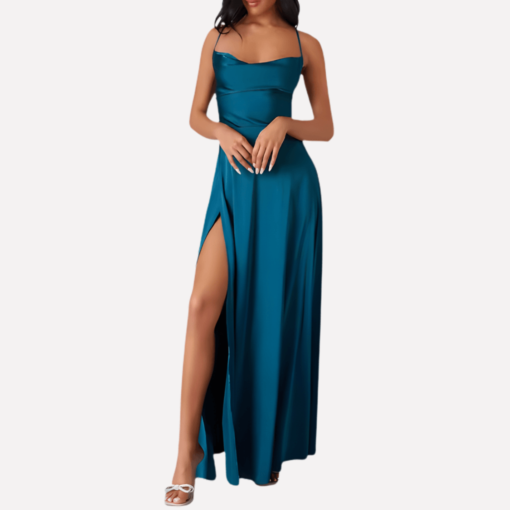 Rückenfreies Satin-Maxikleid für Damen mit Hohem Seitenschlitz für den Herbst