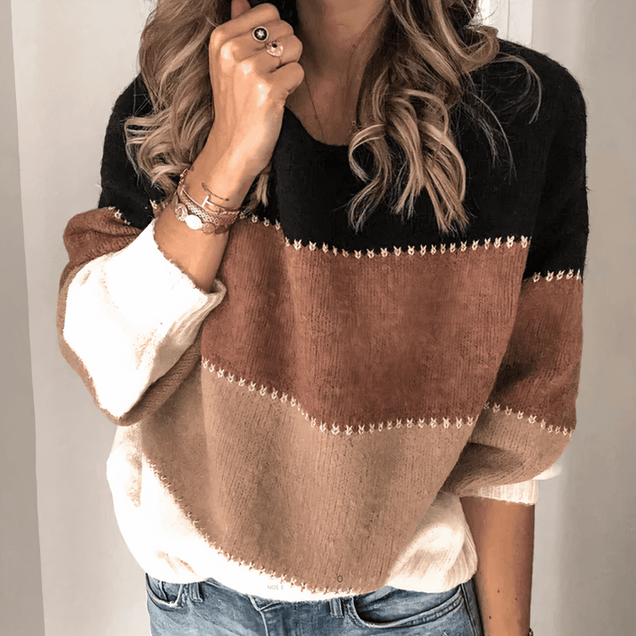 Lockerer Gestreifter Strickpullover im Colorblock-Design für Damen