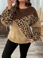 Farbblock Flauschiger Damen-Pullover mit Leopardenmuster und Rundhalsausschnitt
