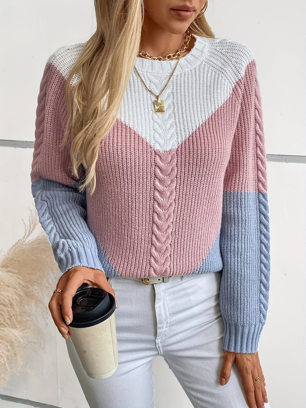 Norweger-Style Zopfmuster Damenpullover im Colour-Blocking-Design