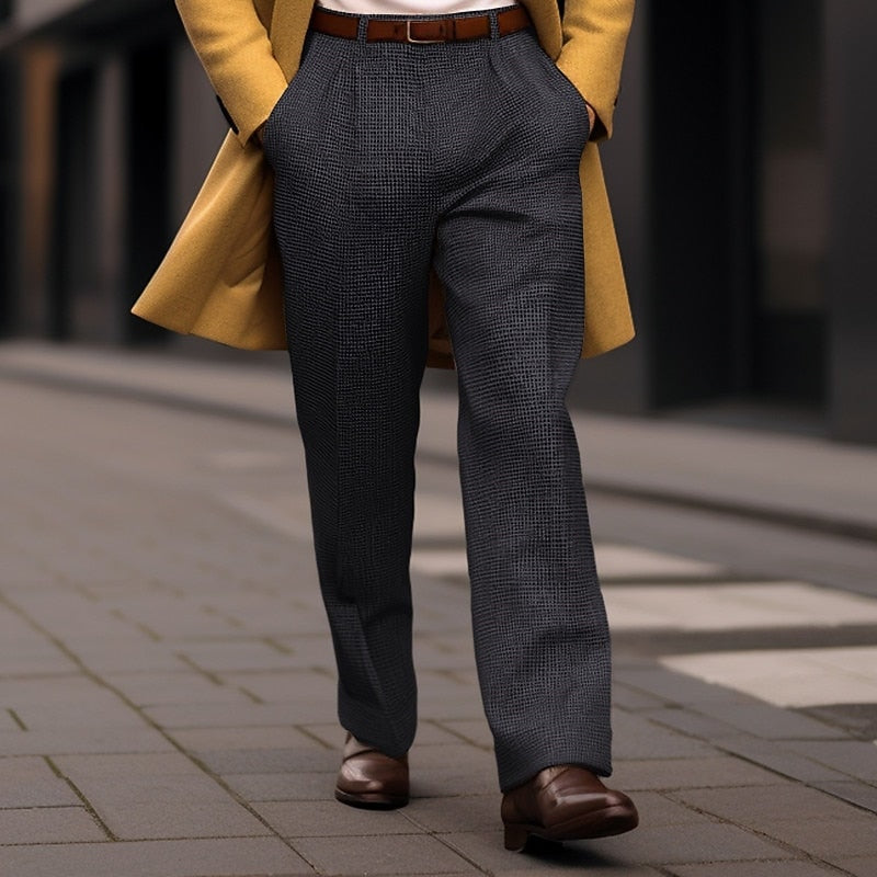 Herren Karo-Stoffhose mit geradem Bein und Bundfalte