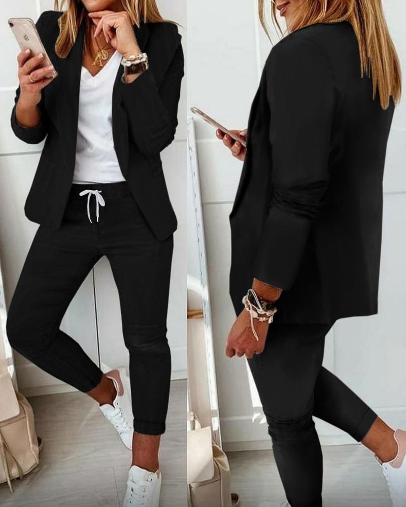 Damen-Zweiteiler-Set aus Baumwollmischung mit Blazer und schmaler Hose