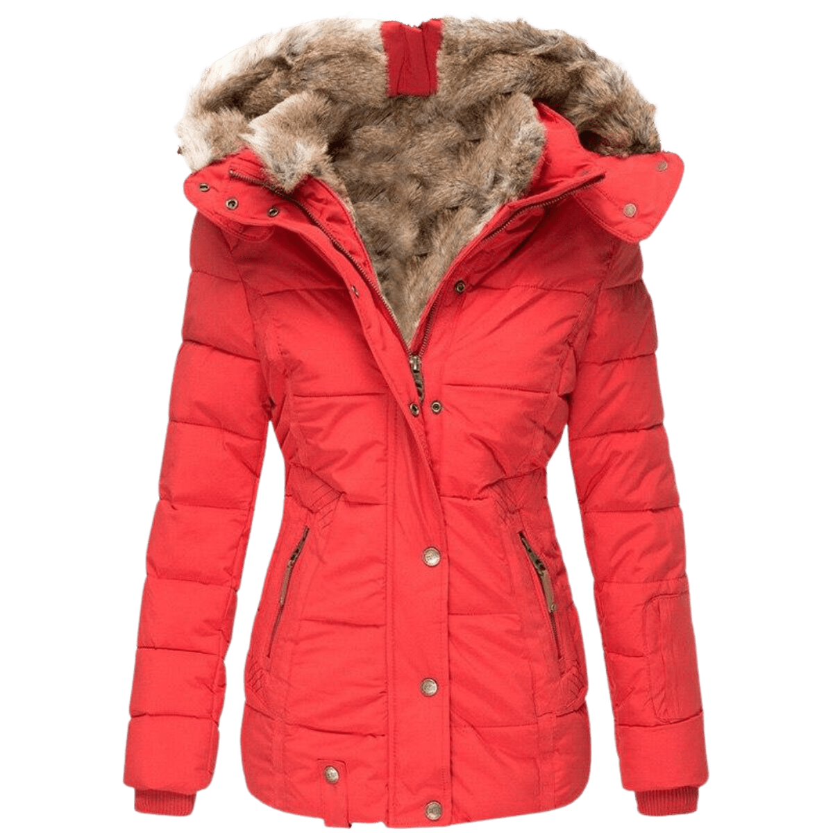 Schlank geschnittene Damen-Winterjacke mit Kunstfellkapuze und Kunstfellfutter
