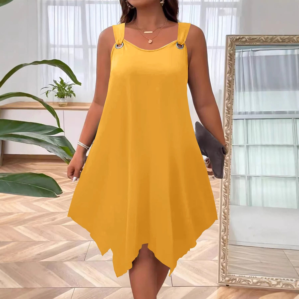 Ärmelloses Midikleid mit Trägern für Frauen im Herbst mit asymmetrischem Saum