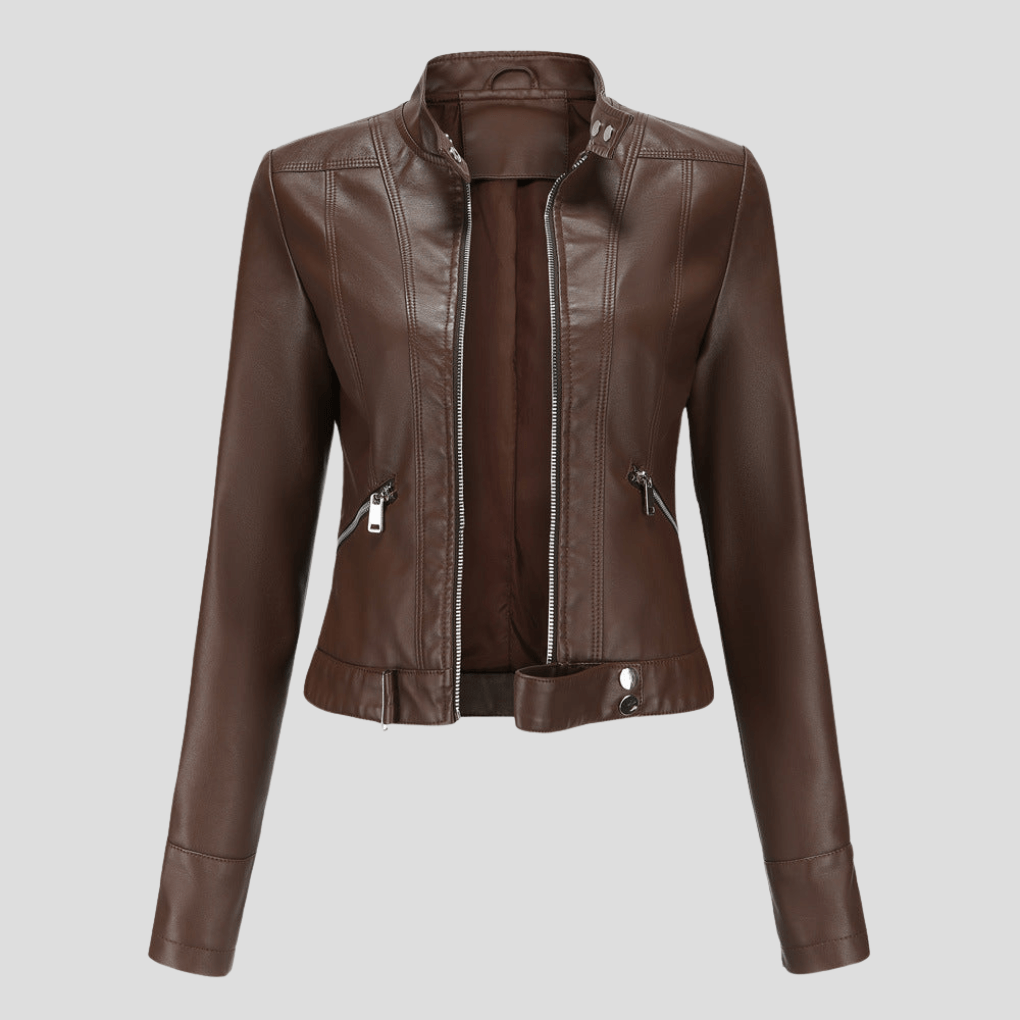 Bikerjacke aus Kunstleder mit Stehkragen und Schnallenriemen für Damen