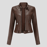 Bikerjacke aus Kunstleder mit Stehkragen und Schnallenriemen für Damen