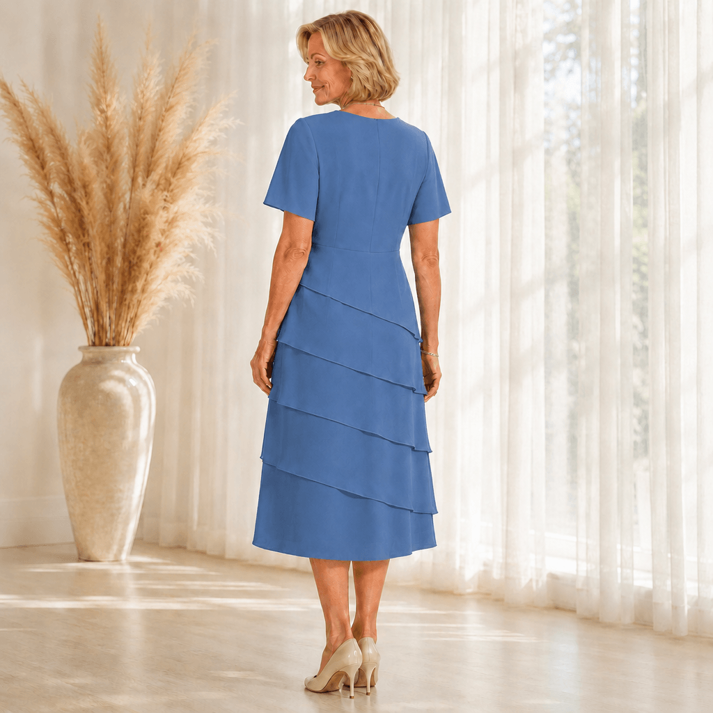 Florenza Gestuftes Damen-Midikleid aus Chiffon-Optik mit Rundhalsausschnitt