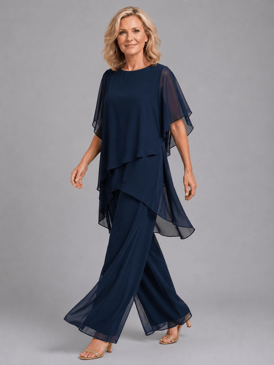 Damen Chiffon Zweiteiler Set mit Flowing Top und Weitem Hosenbein