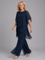 Damen Chiffon Zweiteiler Set mit Flowing Top und Weitem Hosenbein