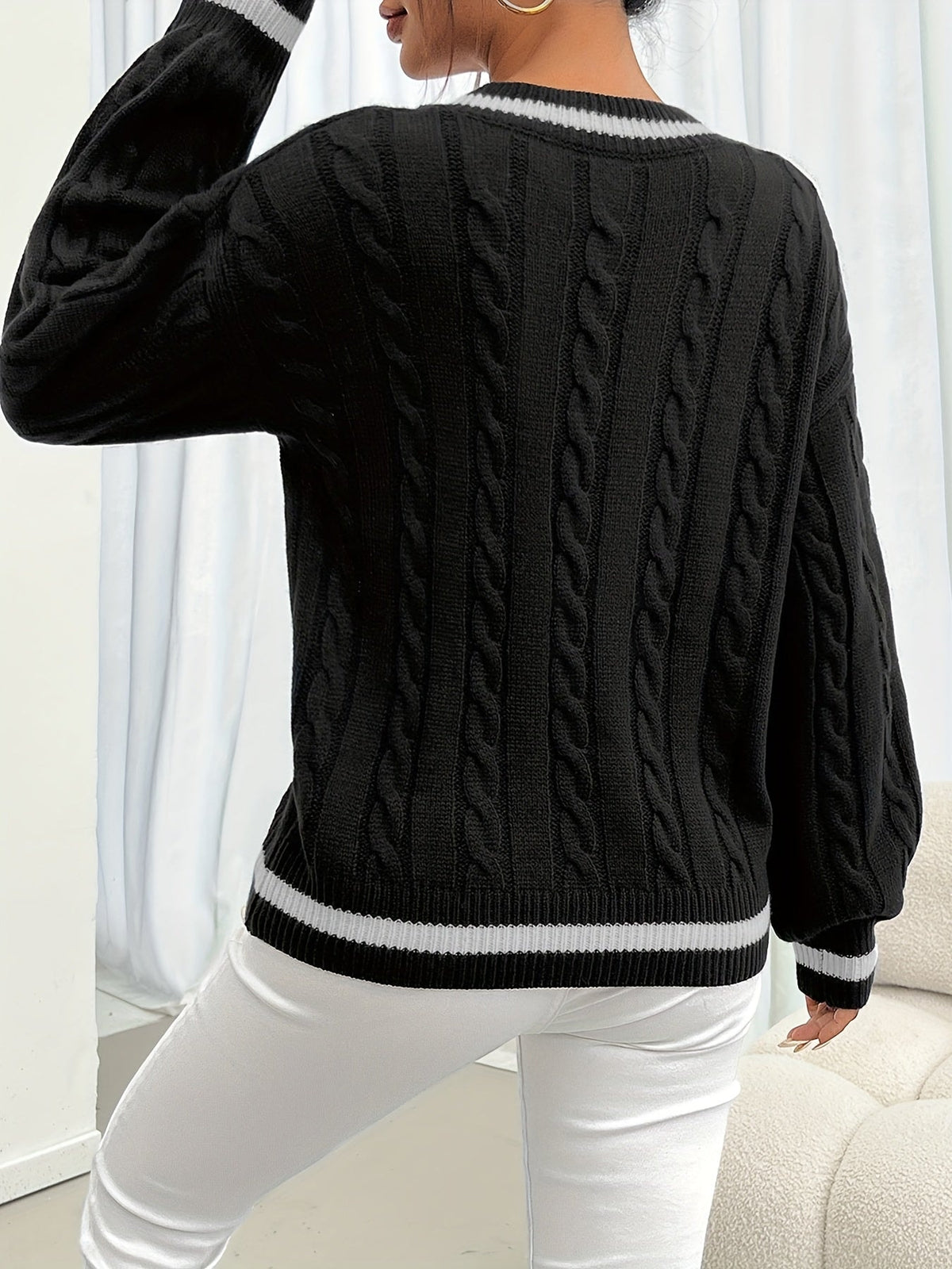 Damen Norweger-Pullover mit Zopfmuster V-Ausschnitt Kontraststreifen