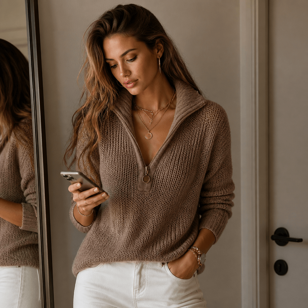 Strukturierter Damenpullover mit Half-Zip-Kragen aus Polyester