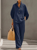 Weites Leinen-Zweiteiler-Set mit Stehkragen und Culotte-Hose