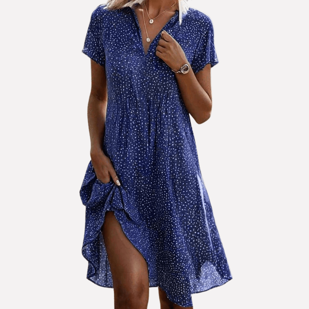 Gepunktetes Kurzarm-Hemdkleid im Midi-Schnitt für Damen im Herbst