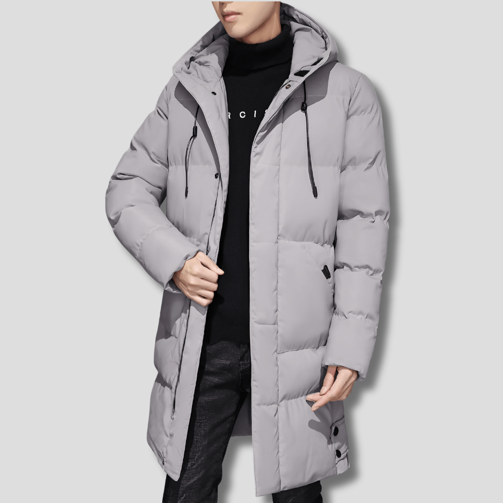 Lange gesteppte Herrenjacke mit Kapuze im Parka-Stil aus Polyester